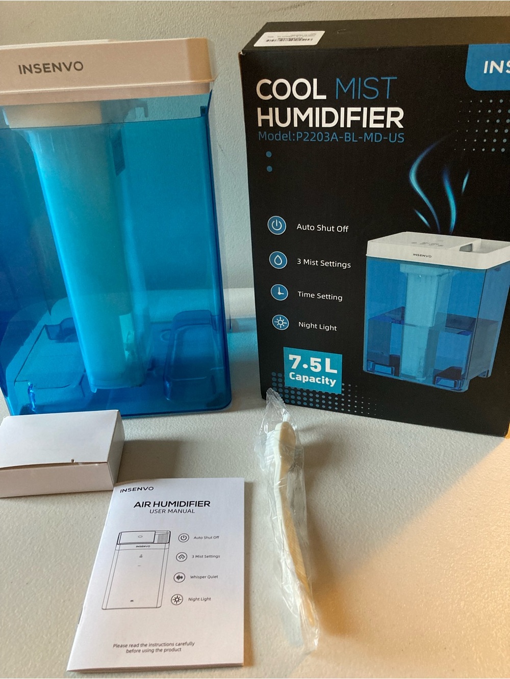 INSENVO Tabletop Cool Mist Humidifier 7.5L Timer Night Light Auto Shut Off